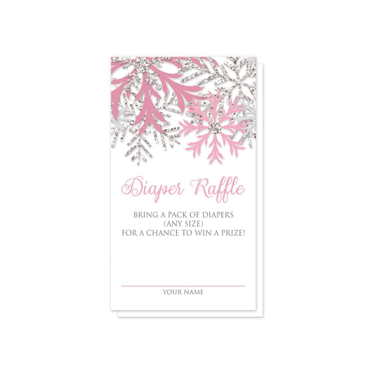 Winter Pink Silver Snowflake Diaper Raffle Cards at Artistically Invited. Pretty winter pink silver snowflake diaper raffle cards designed with pink, light pink, and silver glitter-illustrated snowflakes along the top of the cards. Your diaper raffle details are printed in pink and gray on white below the snowflakes. 