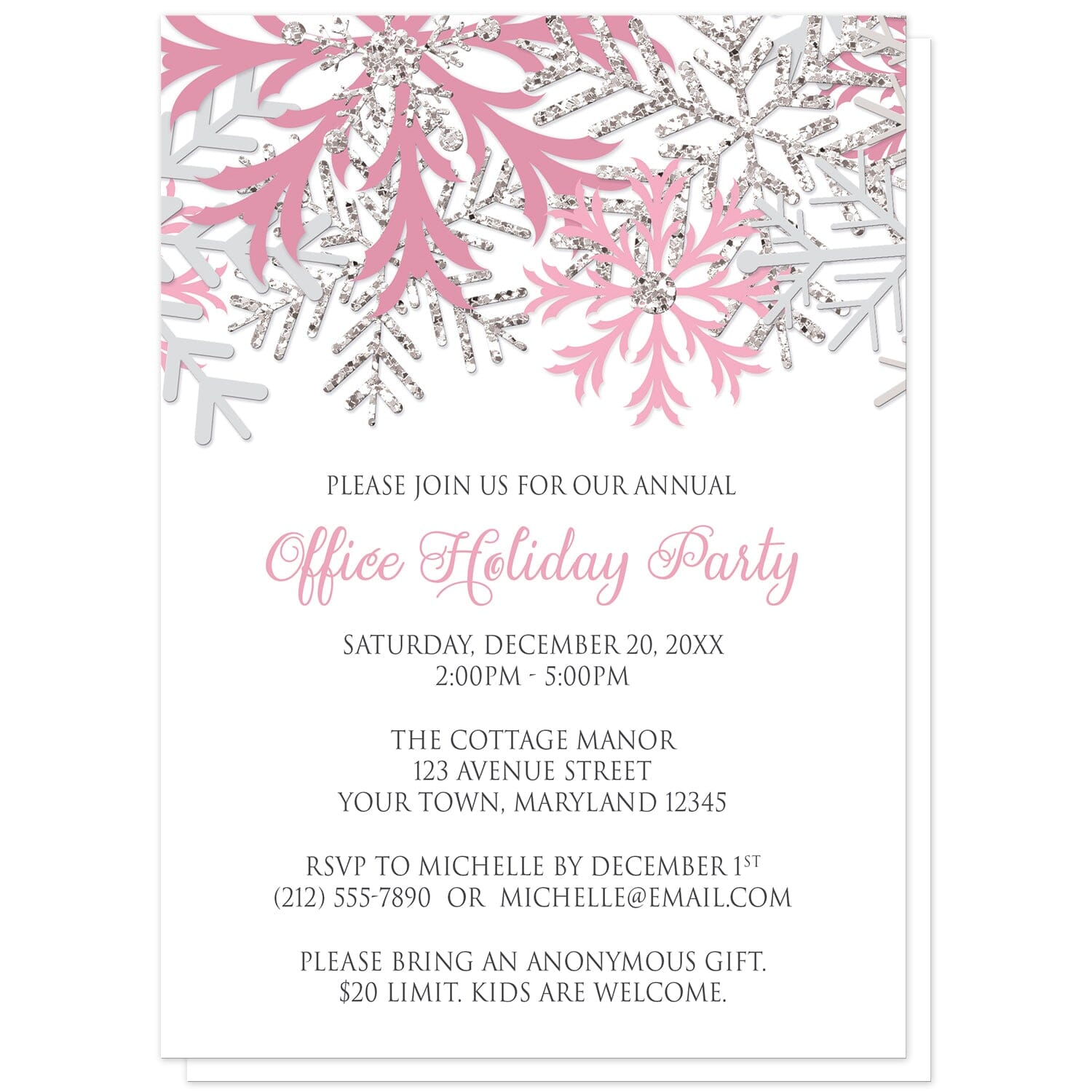Winter Pink Silver Snowflake Holiday Party Invitations at Artistically Invited. Winter pink silver snowflake holiday party invitations with pink, light pink, and silver-colored glitter-illustrated snowflakes over a white background. Your personalized party details for your home or office party are custom printed in gray and pink. The occasion title is printed in a whimsical pink script font while your remaining details are printed in an all-capital letters gray serif font.