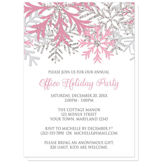Winter Pink Silver Snowflake Holiday Party Invitations at Artistically Invited. Winter pink silver snowflake holiday party invitations with pink, light pink, and silver-colored glitter-illustrated snowflakes over a white background. Your personalized party details for your home or office party are custom printed in gray and pink. The occasion title is printed in a whimsical pink script font while your remaining details are printed in an all-capital letters gray serif font.