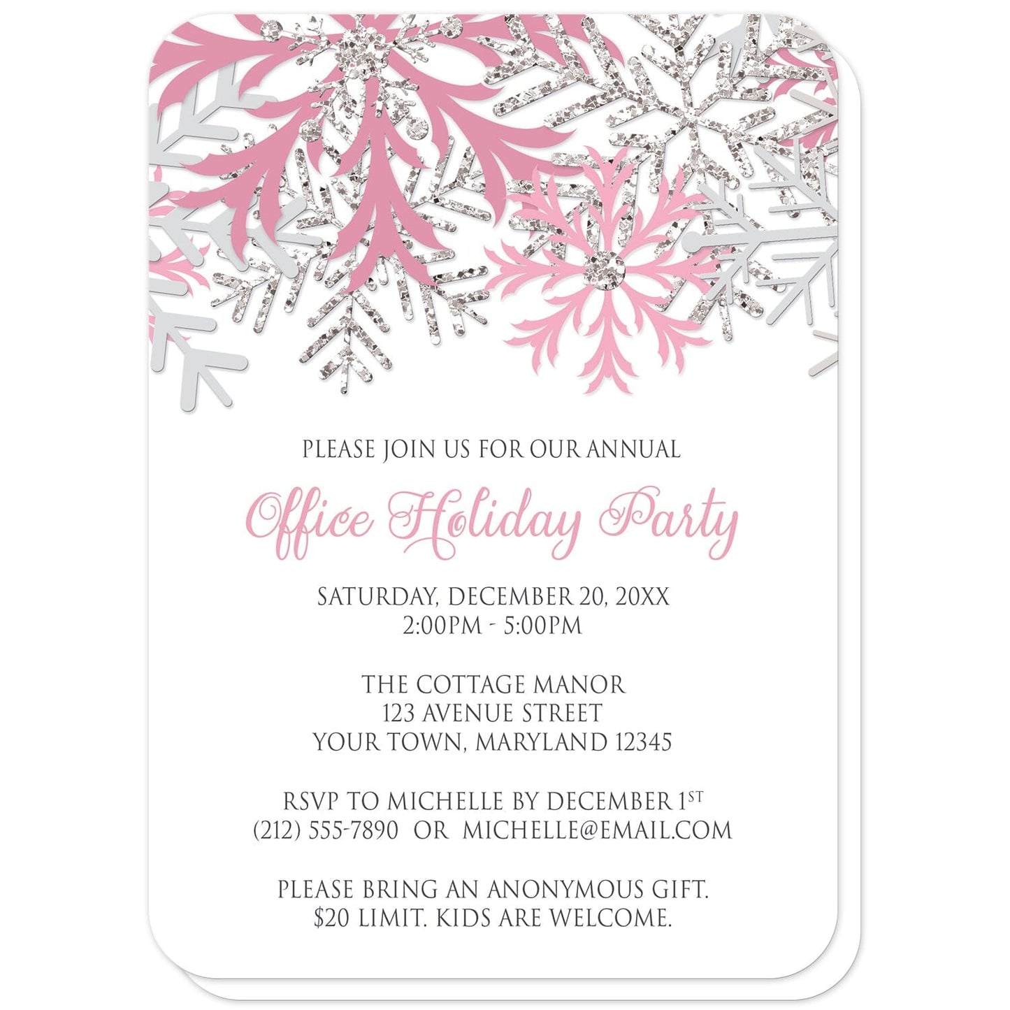 Winter Pink Silver Snowflake Holiday Party Invitations (with rounded corners) at Artistically Invited. Winter pink silver snowflake holiday party invitations with pink, light pink, and silver-colored glitter-illustrated snowflakes over a white background. Your personalized party details for your home or office party are custom printed in gray and pink. The occasion title is printed in a whimsical pink script font while your remaining details are printed in an all-capital letters gray serif font.