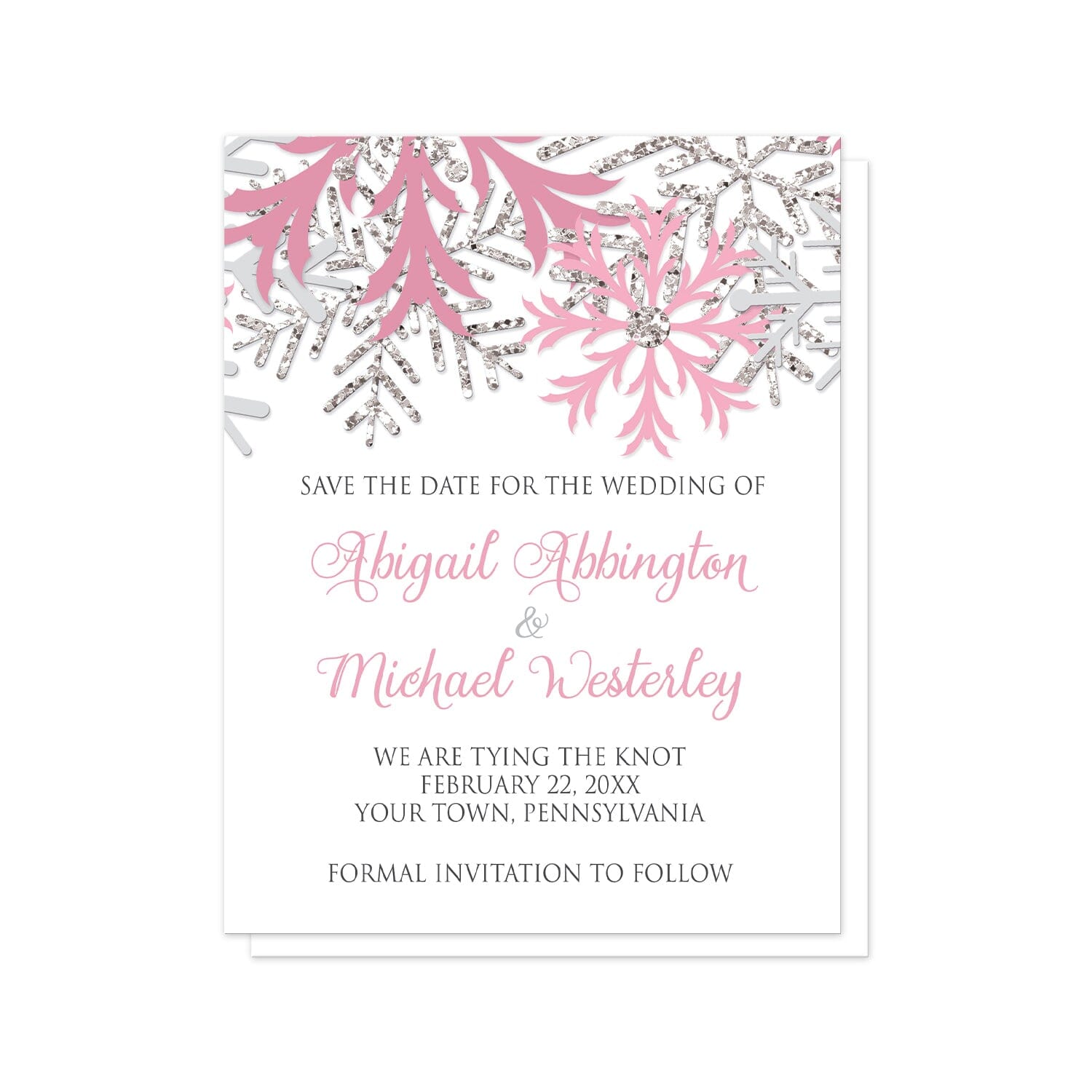 Winter Pink Silver Snowflake Save the Date Cards at Artistically Invited. Beautiful winter pink silver snowflake save the date cards designed with pink, light pink, silver-colored glitter-illustrated, and light gray snowflakes along the top over a white background. Your personalized wedding date details are custom printed in pink and gray below the pretty snowflakes.