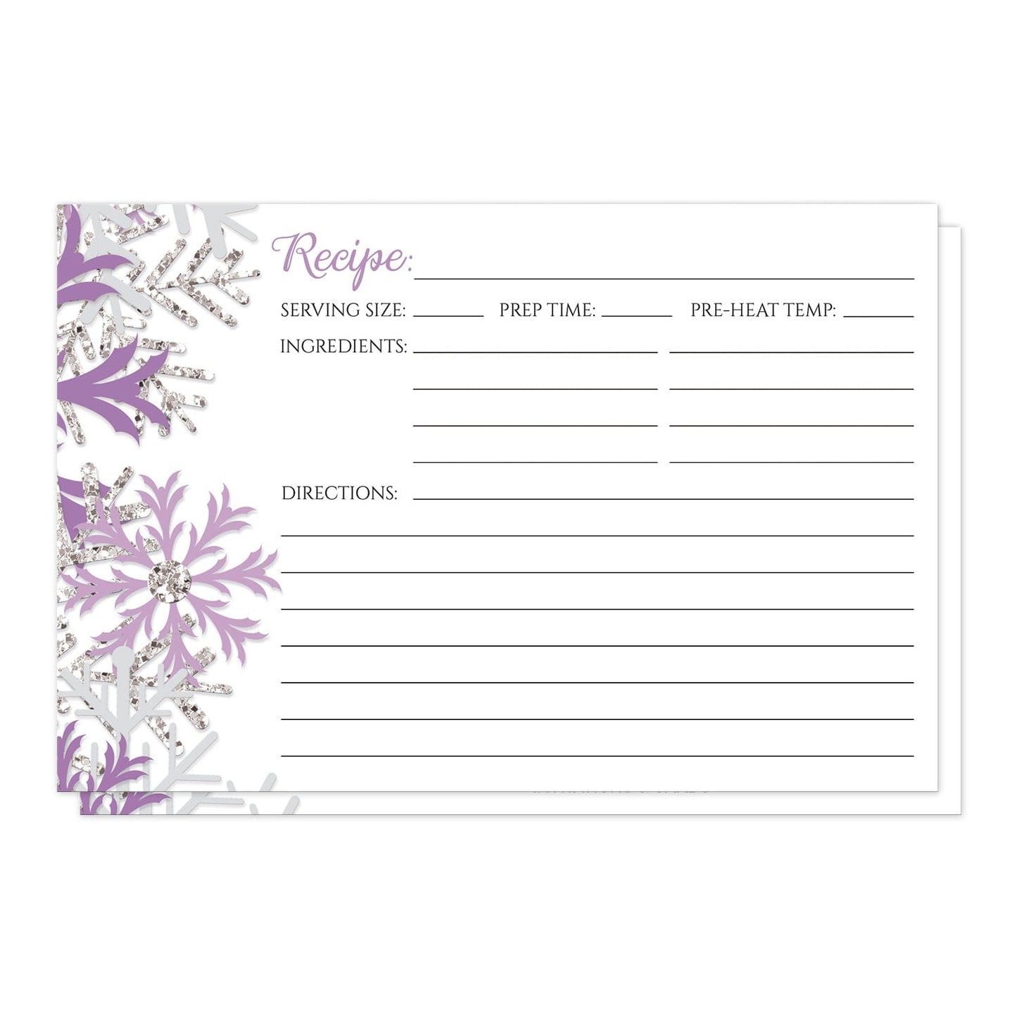 Winter Purple Silver Snowflake Recipe Cards at Artistically Invited. Winter purple silver snowflake recipe cards designed with purple, light purple, and silver-colored glitter-illustrated snowflakes along the left side. The recipe is to be handwritten over white on the remaining area of the recipe cards beside the snowflakes design.
