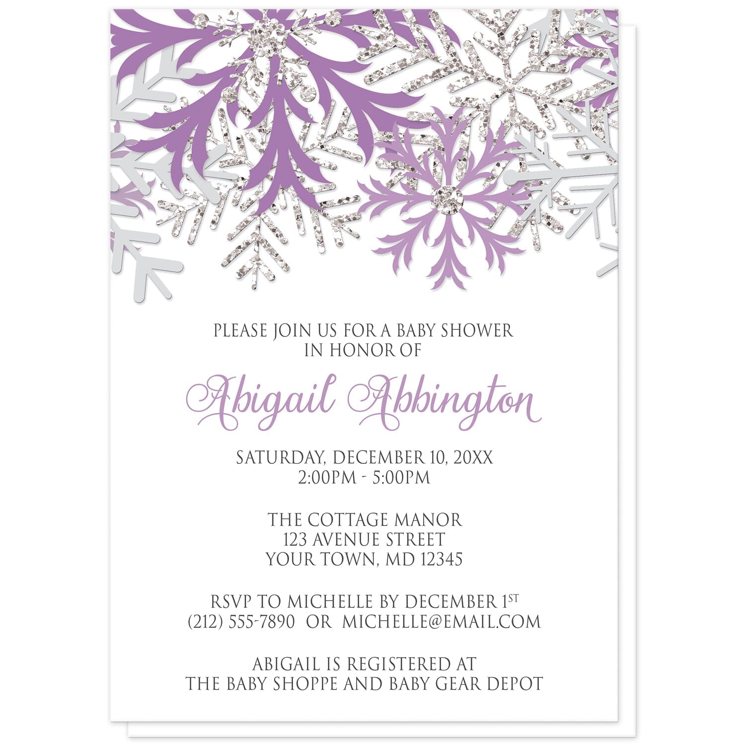 Winter Purple Silver Snowflake Baby Shower Invitations at Artistically Invited. Beautiful winter purple silver snowflake baby shower invitations designed with purple, light purple, silver-colored glitter-illustrated, and light gray snowflakes along the top over a white background. Your personalized baby shower celebration details are custom printed in purple and gray below the pretty snowflakes.
