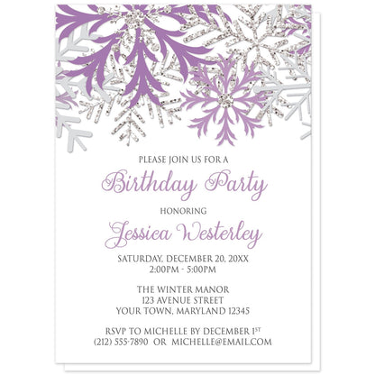Winter Purple Silver Snowflake Birthday Party Invitations at Artistically Invited. Beautiful winter purple silver snowflake birthday party invitations designed with purple, light purple, silver-colored glitter-illustrated, and light gray snowflakes along the top over a white background. Your personalized birthday celebration details are custom printed in purple and gray below the pretty snowflakes.