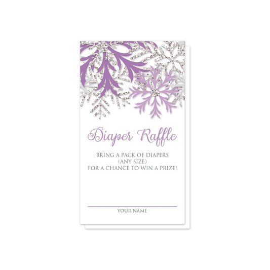 Winter Purple Silver Snowflake Diaper Raffle Cards at Artistically Invited. Pretty winter purple silver snowflake diaper raffle cards designed with purple, light purple, and silver glitter-illustrated snowflakes along the top of the cards. Your diaper raffle details are printed in purple and gray on white below the snowflakes. 