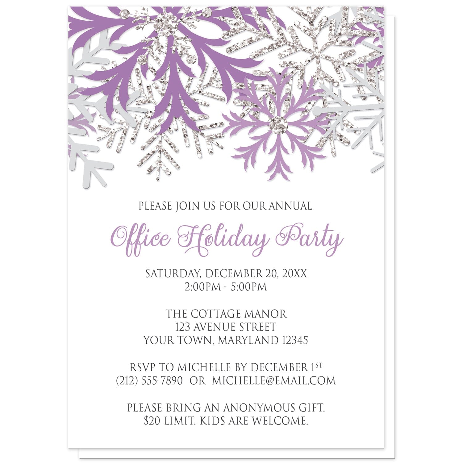 Winter Purple Silver Snowflake Holiday Party Invitations at Artistically Invited. Winter purple silver snowflake holiday party invitations with purple, light purple, and silver-colored glitter-illustrated snowflakes over a white background. Your personalized party details for your home or office party are custom printed in gray and purple. The occasion title is printed in a whimsical purple script font while your remaining details are printed in an all-capital letters gray serif font.