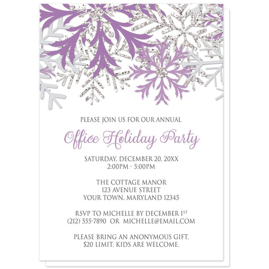 Winter Purple Silver Snowflake Holiday Party Invitations at Artistically Invited. Winter purple silver snowflake holiday party invitations with purple, light purple, and silver-colored glitter-illustrated snowflakes over a white background. Your personalized party details for your home or office party are custom printed in gray and purple. The occasion title is printed in a whimsical purple script font while your remaining details are printed in an all-capital letters gray serif font.