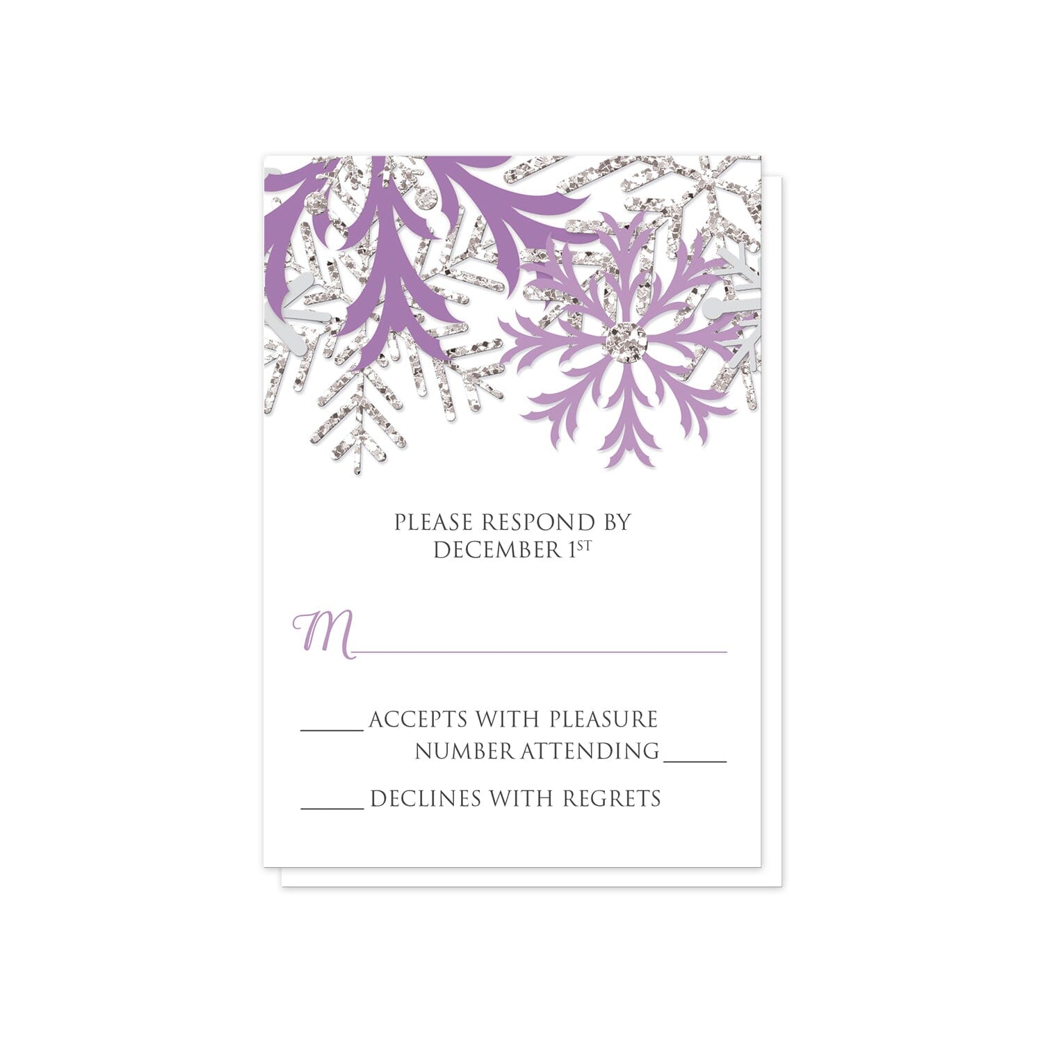Winter Purple Silver Snowflake RSVP Cards at Artistically Invited.