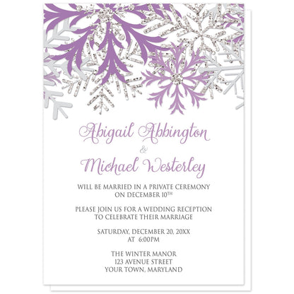Winter Purple Silver Snowflake Reception Only Invitations at Artistically Invited. Beautiful winter purple silver snowflake reception only invitations designed with purple, light purple, silver-colored glitter-illustrated, and light gray snowflakes along the top over a white background. Your personalized post-wedding reception details are custom printed in purple and gray below the pretty snowflakes.