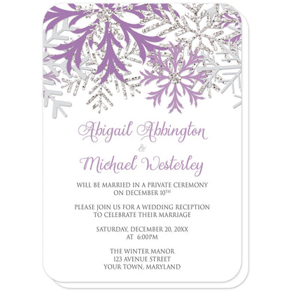 Winter Purple Silver Snowflake Reception Only Invitations (with rounded corners) at Artistically Invited. Beautiful winter purple silver snowflake reception only invitations designed with purple, light purple, silver-colored glitter-illustrated, and light gray snowflakes along the top over a white background. Your personalized post-wedding reception details are custom printed in purple and gray below the pretty snowflakes.