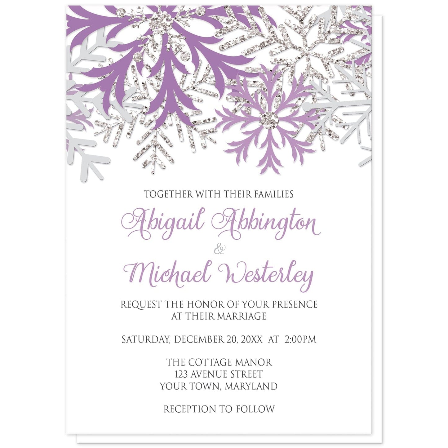 Winter Purple Silver Snowflake Wedding Invitations at Artistically Invited. Beautiful winter purple silver snowflake wedding invitations designed with purple, light purple, silver-colored glitter-illustrated, and light gray snowflakes along the top over a white background. Your personalized marriage celebration details are custom printed in purple and gray below the pretty snowflakes.