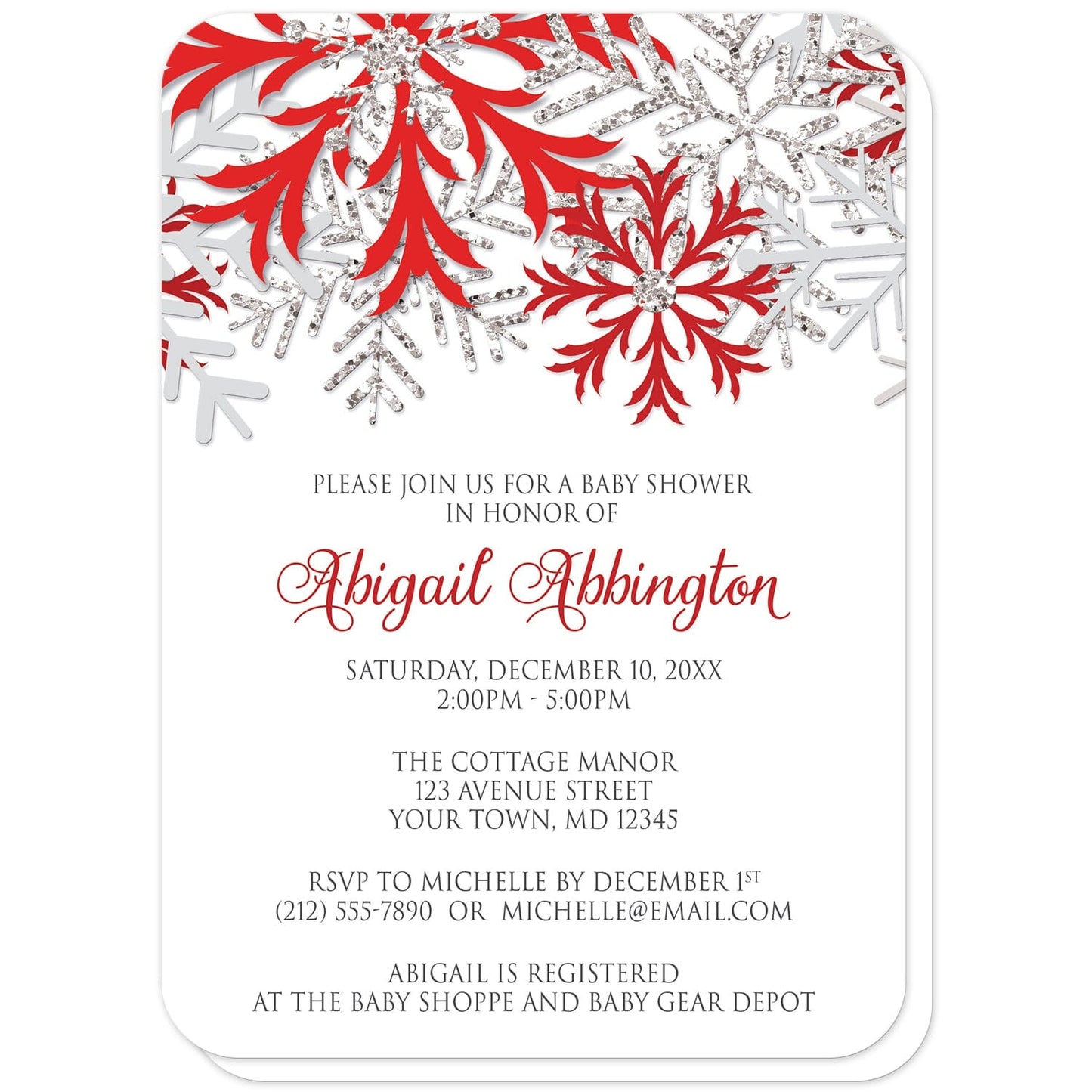 Winter Red Silver Snowflake Baby Shower Invitations (with rounded corners) at Artistically Invited. Beautiful winter red silver snowflake baby shower invitations designed with red, darker red, silver-colored glitter-illustrated, and light gray snowflakes along the top over a white background. Your personalized baby shower celebration details are custom printed in red and gray below the pretty snowflakes.