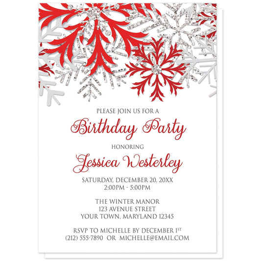 Winter Red Silver Snowflake Birthday Party Invitations at Artistically Invited. Beautiful winter red silver snowflake birthday party invitations designed with red, darker red, silver-colored glitter-illustrated, and light gray snowflakes along the top over a white background. Your personalized birthday celebration details are custom printed in red and gray below the pretty snowflakes.