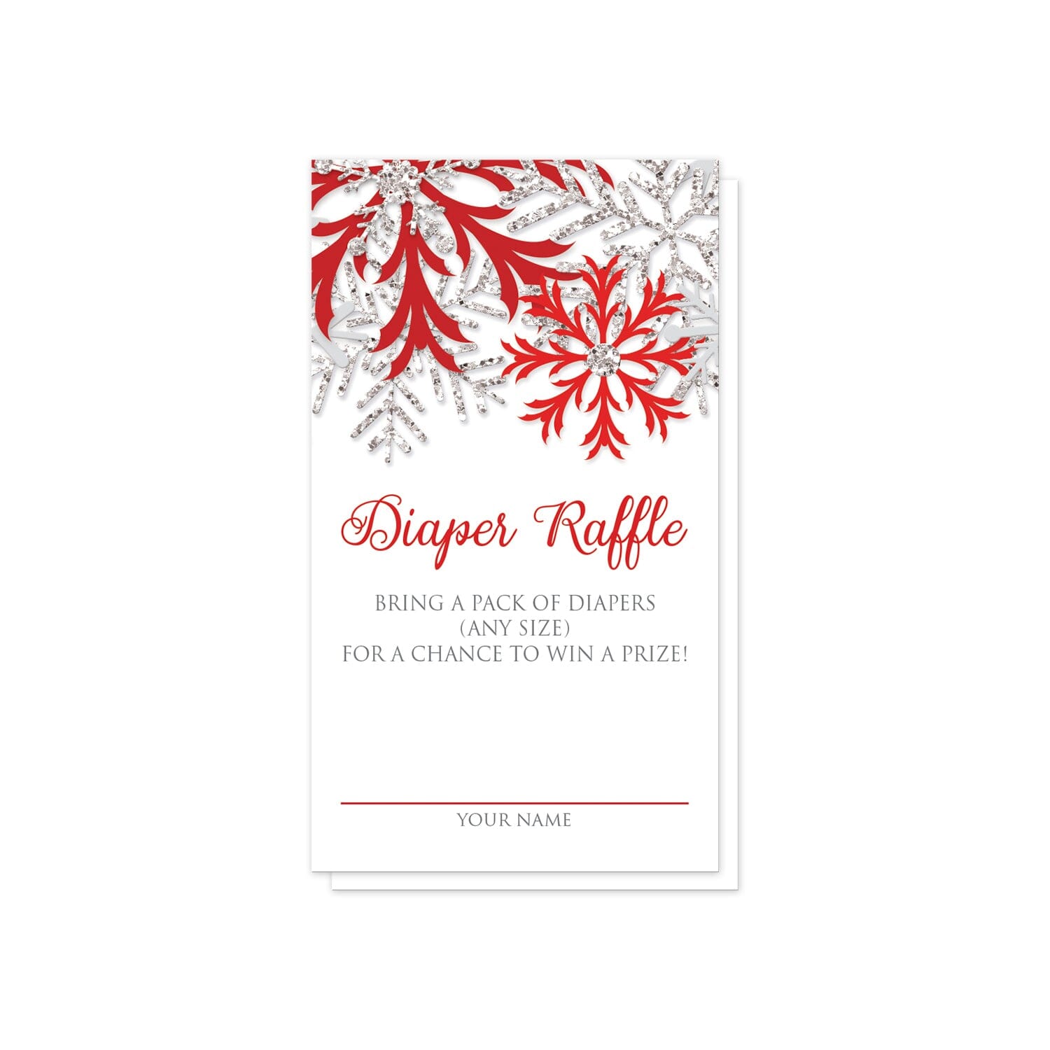 Winter Red Silver Snowflake Diaper Raffle Cards at Artistically Invited. Pretty winter red silver snowflake diaper raffle cards designed with red, darker red, and silver glitter-illustrated snowflakes along the top of the cards. Your diaper raffle details are printed in red and gray on white below the snowflakes. 