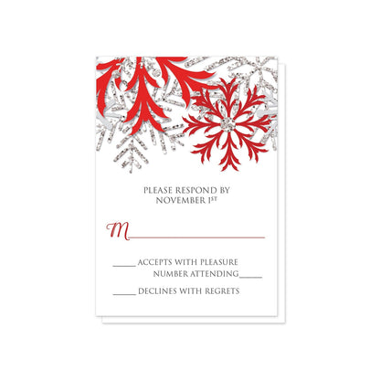 Winter Red Silver Snowflake RSVP Cards at Artistically Invited.