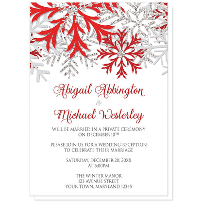 Winter Red Silver Snowflake Reception Only Invitations at Artistically Invited. Beautiful winter red silver snowflake reception only invitations designed with red, darker red, silver-colored glitter-illustrated, and light gray snowflakes along the top over a white background. Your personalized post-wedding reception details are custom printed in red and gray below the pretty snowflakes.
