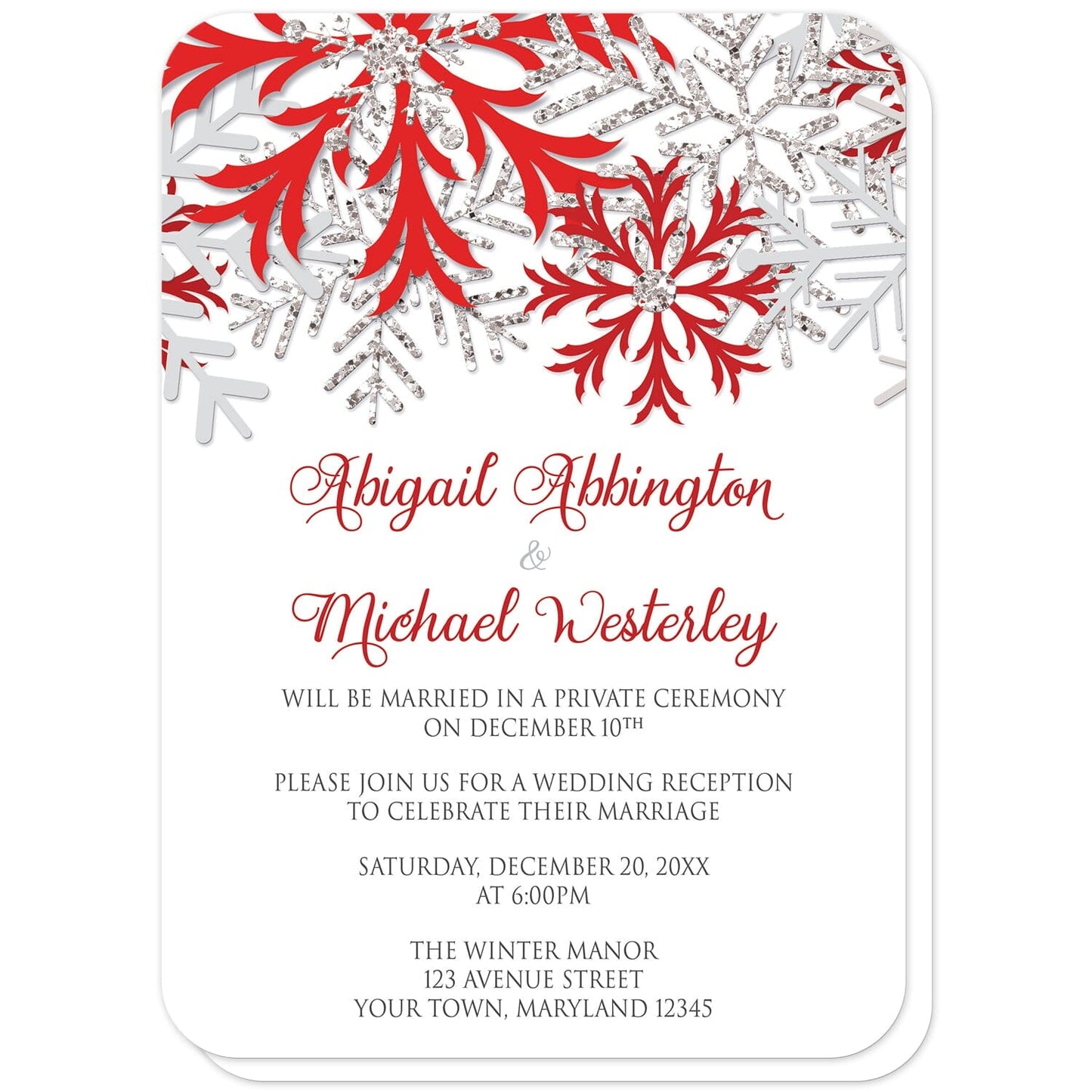 Winter Red Silver Snowflake Reception Only Invitations (with rounded corners) at Artistically Invited. Beautiful winter red silver snowflake reception only invitations designed with red, darker red, silver-colored glitter-illustrated, and light gray snowflakes along the top over a white background. Your personalized post-wedding reception details are custom printed in red and gray below the pretty snowflakes.