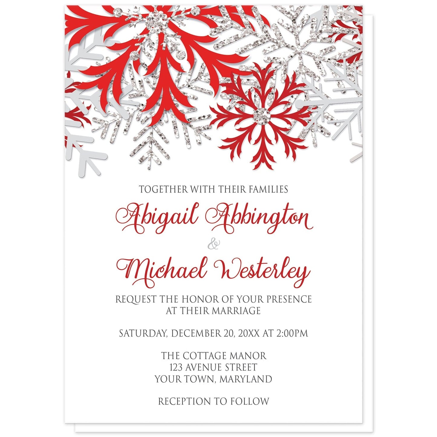 Winter Red Silver Snowflake Wedding Invitations at Artistically Invited. Beautiful winter red silver snowflake wedding invitations designed with red, darker red, silver-colored glitter-illustrated, and light gray snowflakes along the top over a white background. Your personalized marriage celebration details are custom printed in red and gray below the pretty snowflakes.