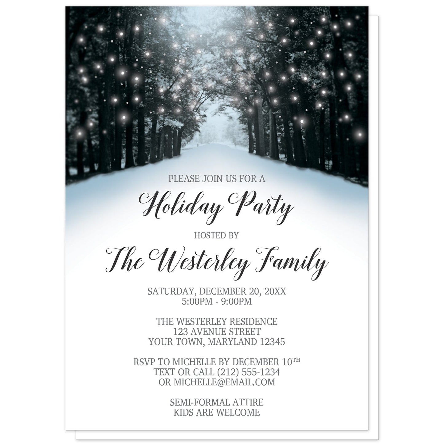 Snowy Winter Road Tree Lights Holiday Party Invitations at Artistically Invited. Beautiful invites with a snowy tree lined road filled with white holiday lights. These Christmas invitations are designed in a blue, black, and gray winter color scheme. The winter wonderland theme on these invitations is modern with a magical feeling. Anyone who loves Christmas lights will fall in love with these snowy winter road tree lights holiday party invitations for your personal or office holiday celebration.