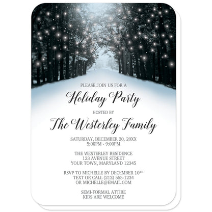 Snowy Winter Road Tree Lights Holiday Party Invitations (with rounded corners) at Artistically Invited. Beautiful snowy winter road tree lights holiday party invitations with a snowy tree lined road filled with white holiday lights. These Christmas invitations are designed in a blue, black, and gray winter color scheme. Your personalized holiday party details are custom printed in black and gray over the snow area of the design below the trees scene. 