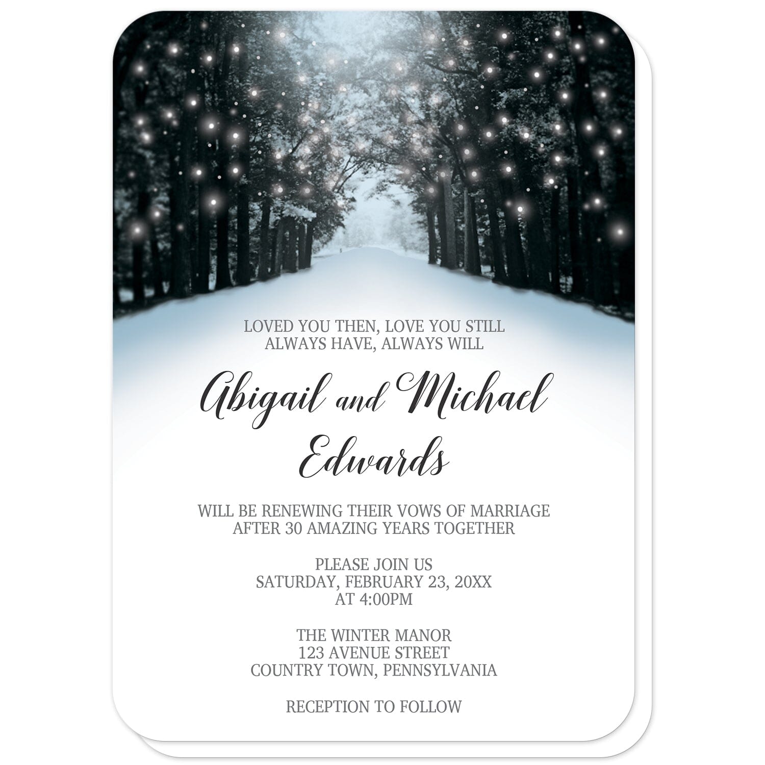 Snowy Winter Road Tree Lights Vow Renewal Invitations (with rounded corners) at Artistically Invited. Beautiful snowy winter road tree lights vow renewal invitations with a snowy tree lined road filled with white holiday lights. They're designed in a blue, black, and gray winter color scheme with a winter wonderland theme. Your personalized vow renewal details are custom printed in black and gray over a snow white background below the snowy road design.