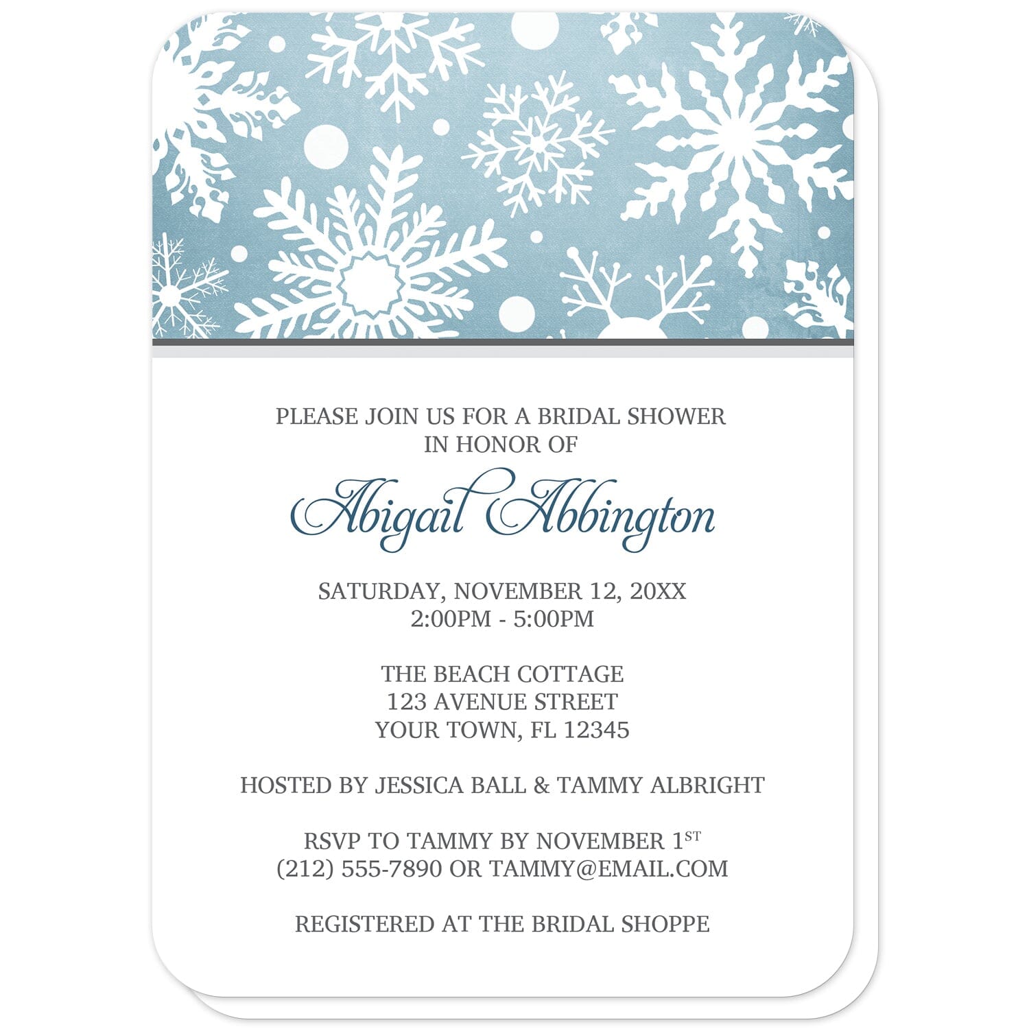 Winter Snowflake Blue Gray Bridal Shower Invitations (with rounded corners) at Artistically Invited. Modern winter snowflake blue gray bridal shower invitations designed with a white snowflakes pattern over an organic blue wintry background at the top of the invitations. Your personalized bridal shower celebration details are custom printed in blue and gray on white below the snowflakes. 