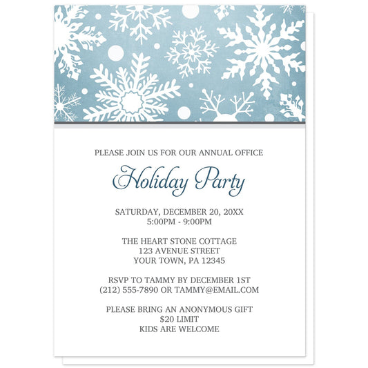 Winter Snowflake Blue Gray Holiday Party Invitations at Artistically Invited. Modern winter snowflake blue gray holiday party invitations designed with a white snowflakes pattern over an organic blue wintry background at the top of the invitations. Your personalized holiday celebration details are custom printed in blue and gray on white below the snowflakes. 
