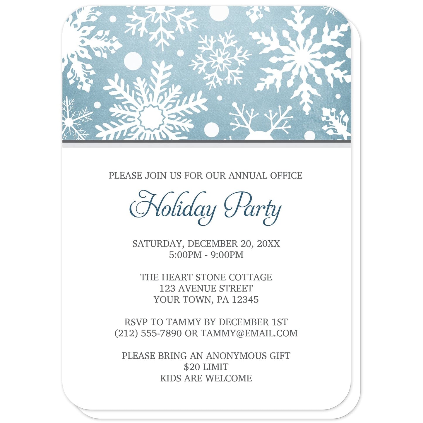 Winter Snowflake Blue Gray Holiday Party Invitations (with rounded corners) at Artistically Invited. Modern winter snowflake blue gray holiday party invitations designed with a white snowflakes pattern over an organic blue wintry background at the top of the invitations. Your personalized holiday celebration details are custom printed in blue and gray on white below the snowflakes. 