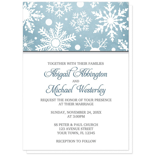 Winter Snowflake Blue with Gray Wedding Invitations at Artistically Invited. Modern winter snowflake blue with gray wedding invitations designed with a white snowflakes pattern over an organic blue wintry background at the top of the invitations. Your personalized marriage celebration details are custom printed in blue and gray on white below the snowflakes. 