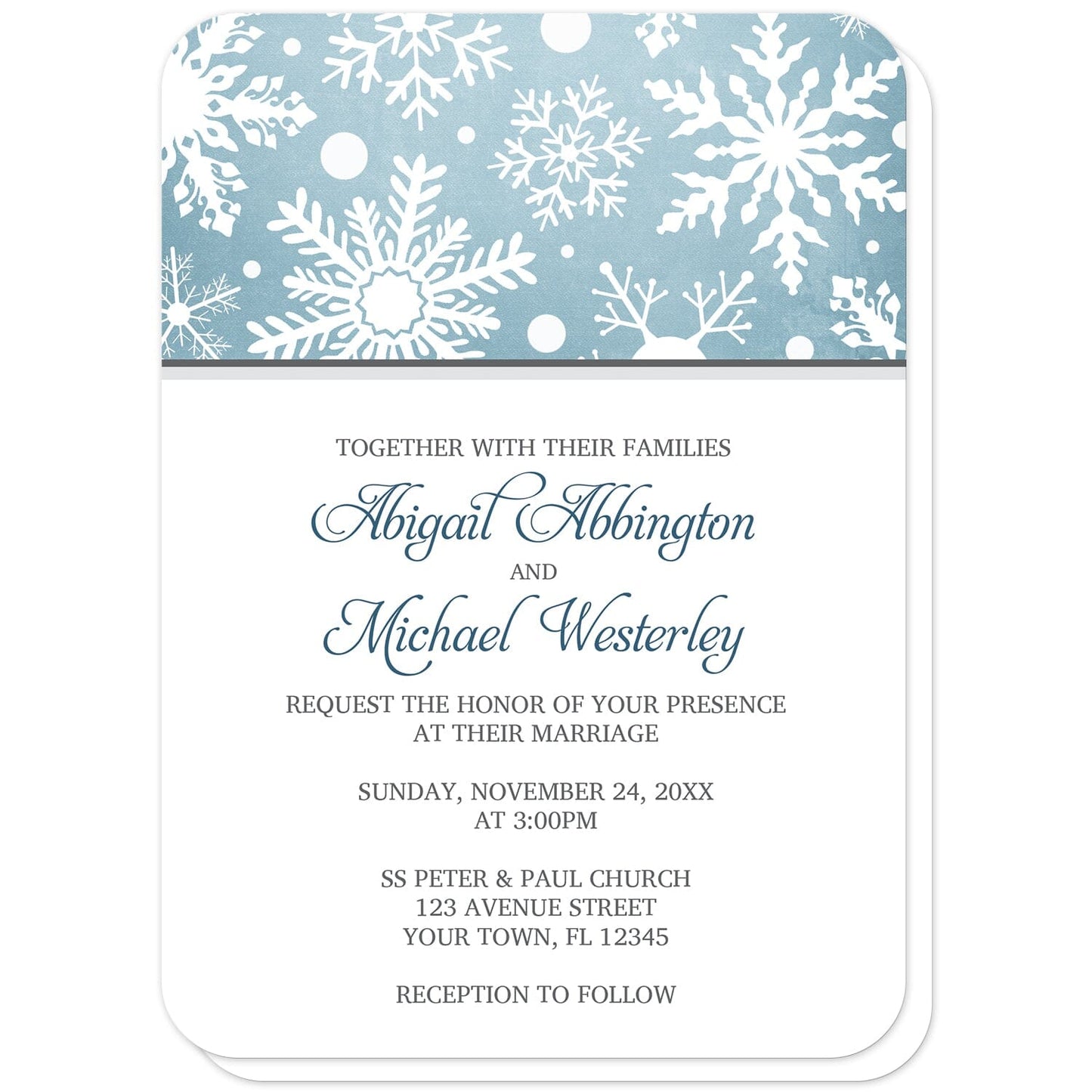 Winter Snowflake Blue with Gray Wedding Invitations (with rounded corners) at Artistically Invited. Modern winter snowflake blue with gray wedding invitations designed with a white snowflakes pattern over an organic blue wintry background at the top of the invitations. Your personalized marriage celebration details are custom printed in blue and gray on white below the snowflakes. 