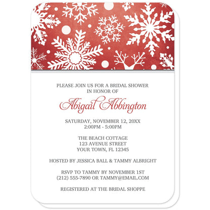 Winter Snowflake Red Gray Bridal Shower Invitations (with rounded corners) at Artistically Invited. Modern winter snowflake red gray bridal shower invitations designed with a white snowflakes pattern over an organic red wintry background at the top of the invitations. Your personalized bridal shower celebration details are custom printed in red and gray on white below the snowflakes. 