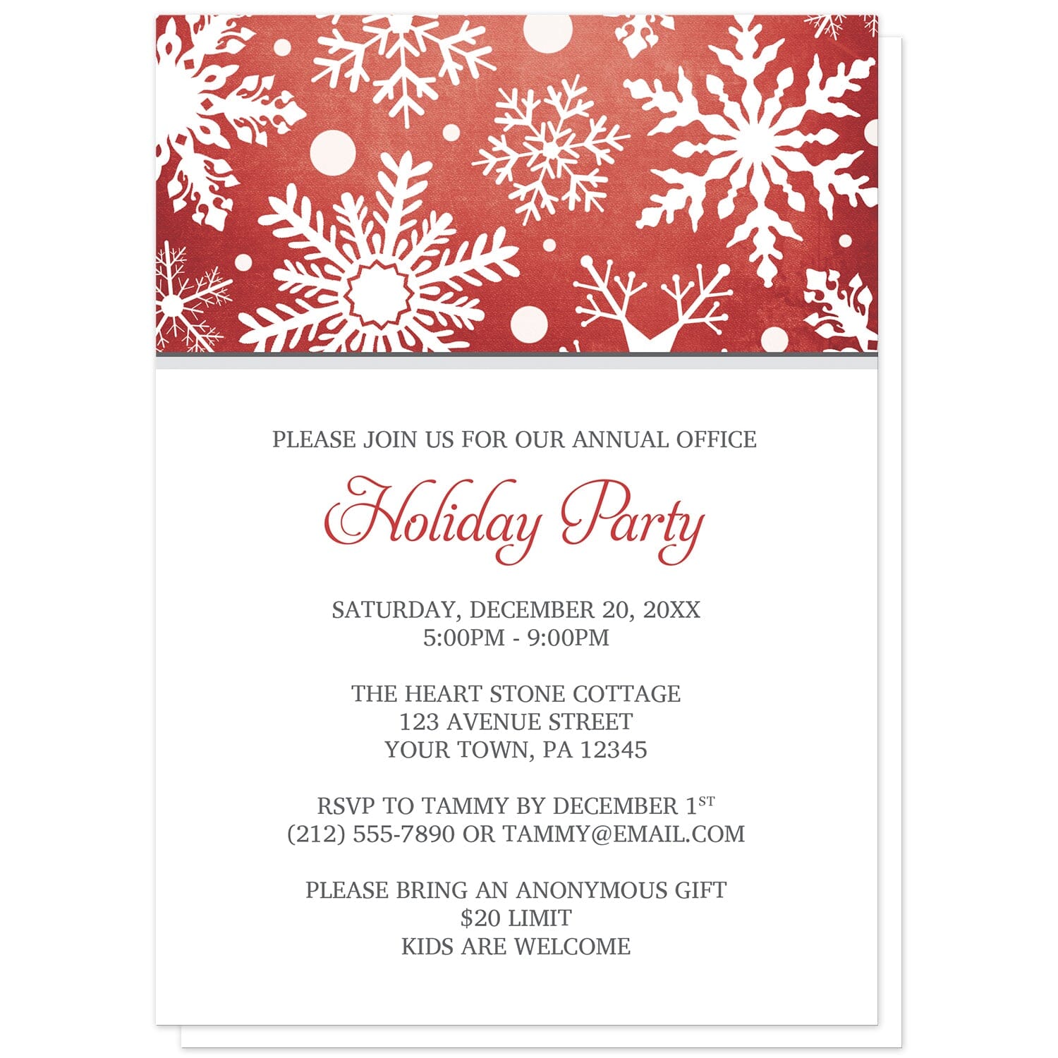 Winter Snowflake Red Gray Holiday Party Invitations at Artistically Invited. Modern winter snowflake red gray holiday party invitations designed with a white snowflakes pattern over an organic red wintry background at the top of the invitations. Your personalized holiday celebration details are custom printed in red and gray on white below the snowflakes. 