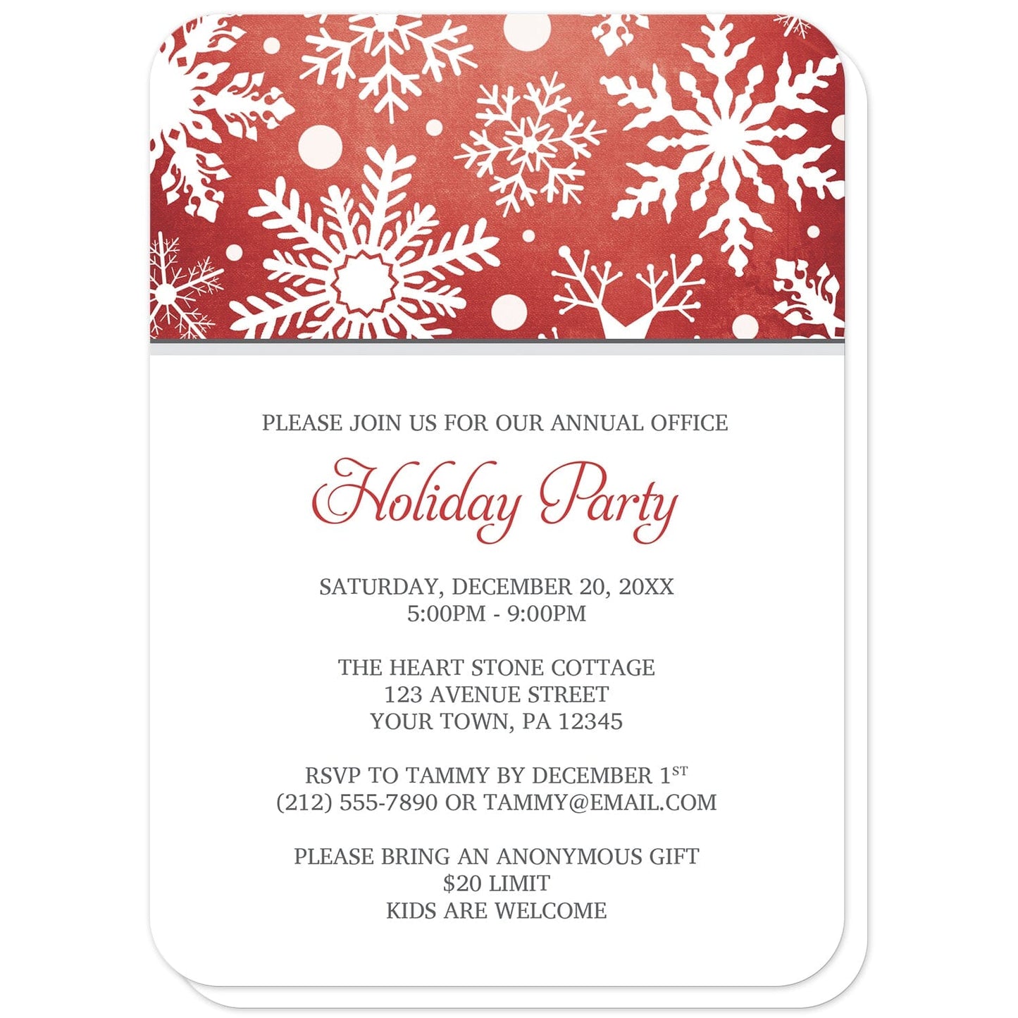 Winter Snowflake Red Gray Holiday Party Invitations (with rounded corners) at Artistically Invited. Modern winter snowflake red gray holiday party invitations designed with a white snowflakes pattern over an organic red wintry background at the top of the invitations. Your personalized holiday celebration details are custom printed in red and gray on white below the snowflakes. 