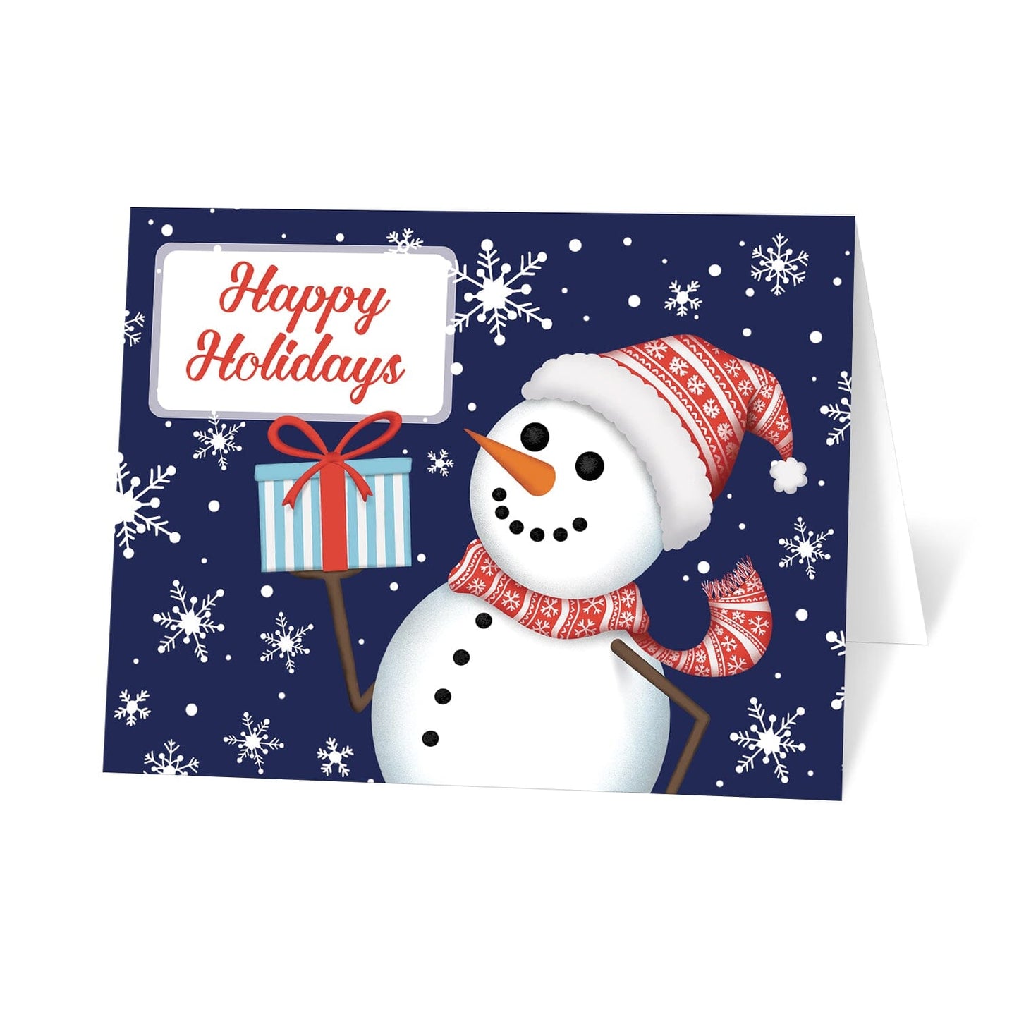 Winter Snowman Happy Holidays Christmas Cards at Artistically Invited.  These cards are designed with an illustration of a cute happy snowman wearing a red hat and scarf and holding a blue present. "Happy Holidays" is printed on the front of the cards in a red script font in a white frame over a snowing blue night sky with white snowflakes falling. 