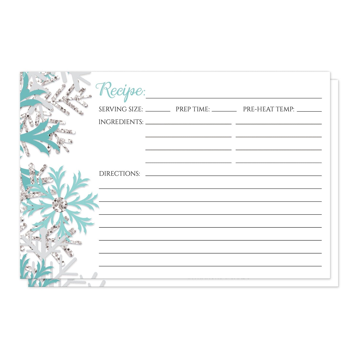 Winter Teal Silver Snowflake Recipe Cards at Artistically Invited. Winter teal silver snowflake recipe cards designed with teal, light teal, and silver-colored glitter-illustrated snowflakes along the left side. The recipe is to be handwritten over white on the remaining area of the recipe cards beside the snowflakes design.