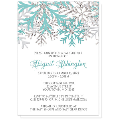 Winter Teal Silver Snowflake Baby Shower Invitations at Artistically Invited. Beautiful winter teal silver snowflake baby shower invitations designed with teal, light teal, silver-colored glitter-illustrated, and light gray snowflakes along the top over a white background. Your personalized baby shower celebration details are custom printed in teal and gray below the pretty snowflakes.