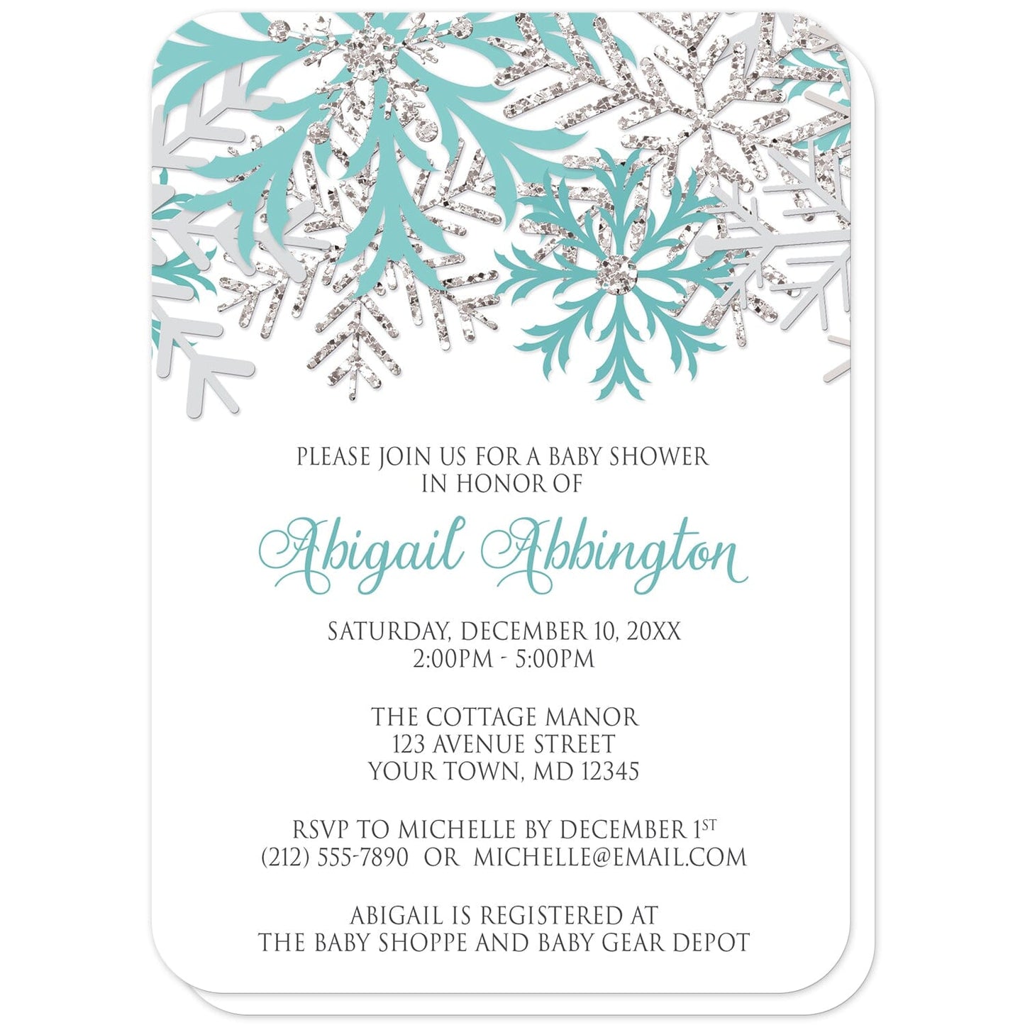 Winter Teal Silver Snowflake Baby Shower Invitations (with rounded corners) at Artistically Invited. Beautiful winter teal silver snowflake baby shower invitations designed with teal, light teal, silver-colored glitter-illustrated, and light gray snowflakes along the top over a white background. Your personalized baby shower celebration details are custom printed in teal and gray below the pretty snowflakes.
