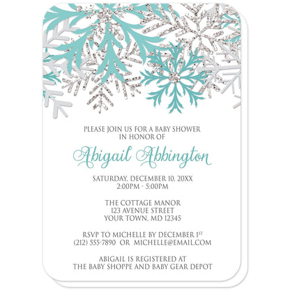 Winter Teal Silver Snowflake Baby Shower Invitations (with rounded corners) at Artistically Invited. Beautiful winter teal silver snowflake baby shower invitations designed with teal, light teal, silver-colored glitter-illustrated, and light gray snowflakes along the top over a white background. Your personalized baby shower celebration details are custom printed in teal and gray below the pretty snowflakes.