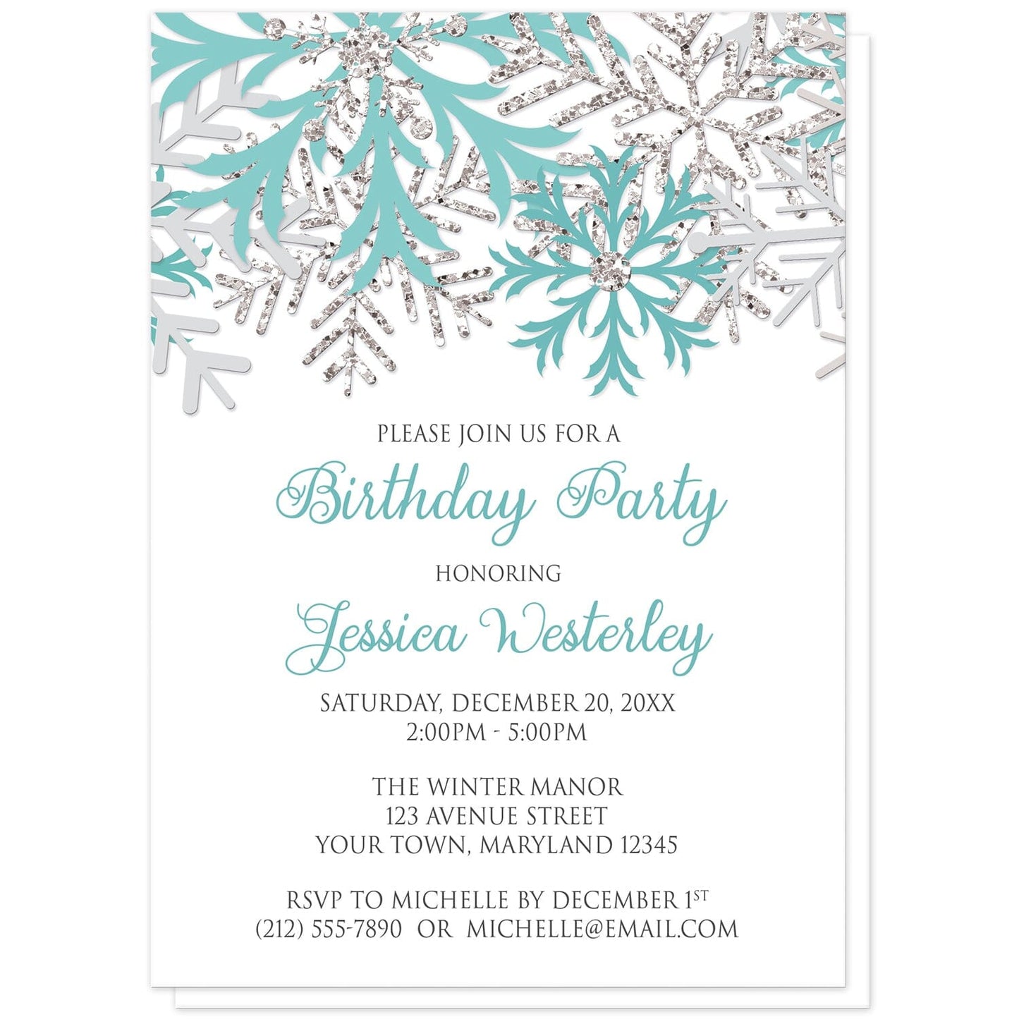Winter Teal Silver Snowflake Birthday Party Invitations at Artistically Invited. Beautiful winter teal silver snowflake birthday party invitations designed with teal, light teal, silver-colored glitter-illustrated, and light gray snowflakes along the top over a white background. Your personalized birthday celebration details are custom printed in teal and gray below the pretty snowflakes.