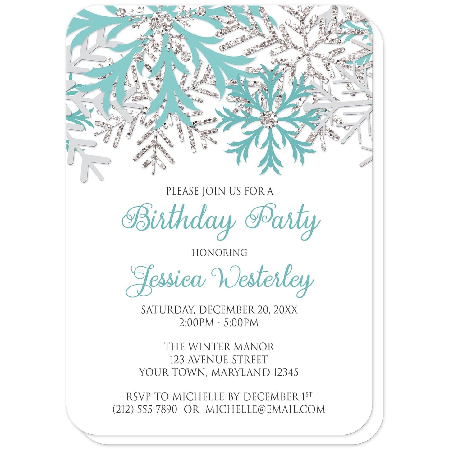 Winter Teal Silver Snowflake Birthday Party Invitations (with rounded corners) at Artistically Invited. Beautiful winter teal silver snowflake birthday party invitations designed with teal, light teal, silver-colored glitter-illustrated, and light gray snowflakes along the top over a white background. Your personalized birthday celebration details are custom printed in teal and gray below the pretty snowflakes.