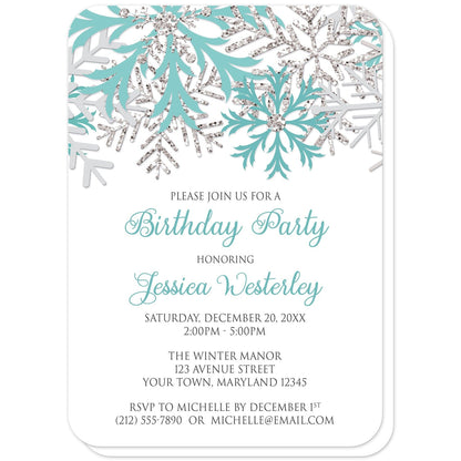 Winter Teal Silver Snowflake Birthday Party Invitations (with rounded corners) at Artistically Invited. Beautiful winter teal silver snowflake birthday party invitations designed with teal, light teal, silver-colored glitter-illustrated, and light gray snowflakes along the top over a white background. Your personalized birthday celebration details are custom printed in teal and gray below the pretty snowflakes.