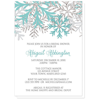 Winter Teal Silver Snowflake Bridal Shower Invitations at Artistically Invited. Beautiful winter teal silver snowflake bridal shower invitations designed with teal, light teal, silver-colored glitter-illustrated, and light gray snowflakes along the top over a white background. Your personalized bridal shower celebration details are custom printed in teal and gray below the pretty snowflakes.