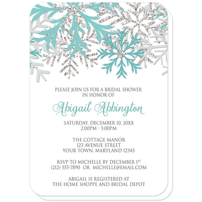 Winter Teal Silver Snowflake Bridal Shower Invitations (with rounded corners) at Artistically Invited. Beautiful winter teal silver snowflake bridal shower invitations designed with teal, light teal, silver-colored glitter-illustrated, and light gray snowflakes along the top over a white background. Your personalized bridal shower celebration details are custom printed in teal and gray below the pretty snowflakes.