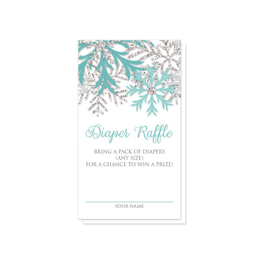 Winter Teal Silver Snowflake Diaper Raffle Cards at Artistically Invited. Pretty winter teal silver snowflake diaper raffle cards designed with teal, light teal, and silver glitter-illustrated snowflakes along the top of the cards. Your diaper raffle details are printed in teal and gray on white below the snowflakes. 