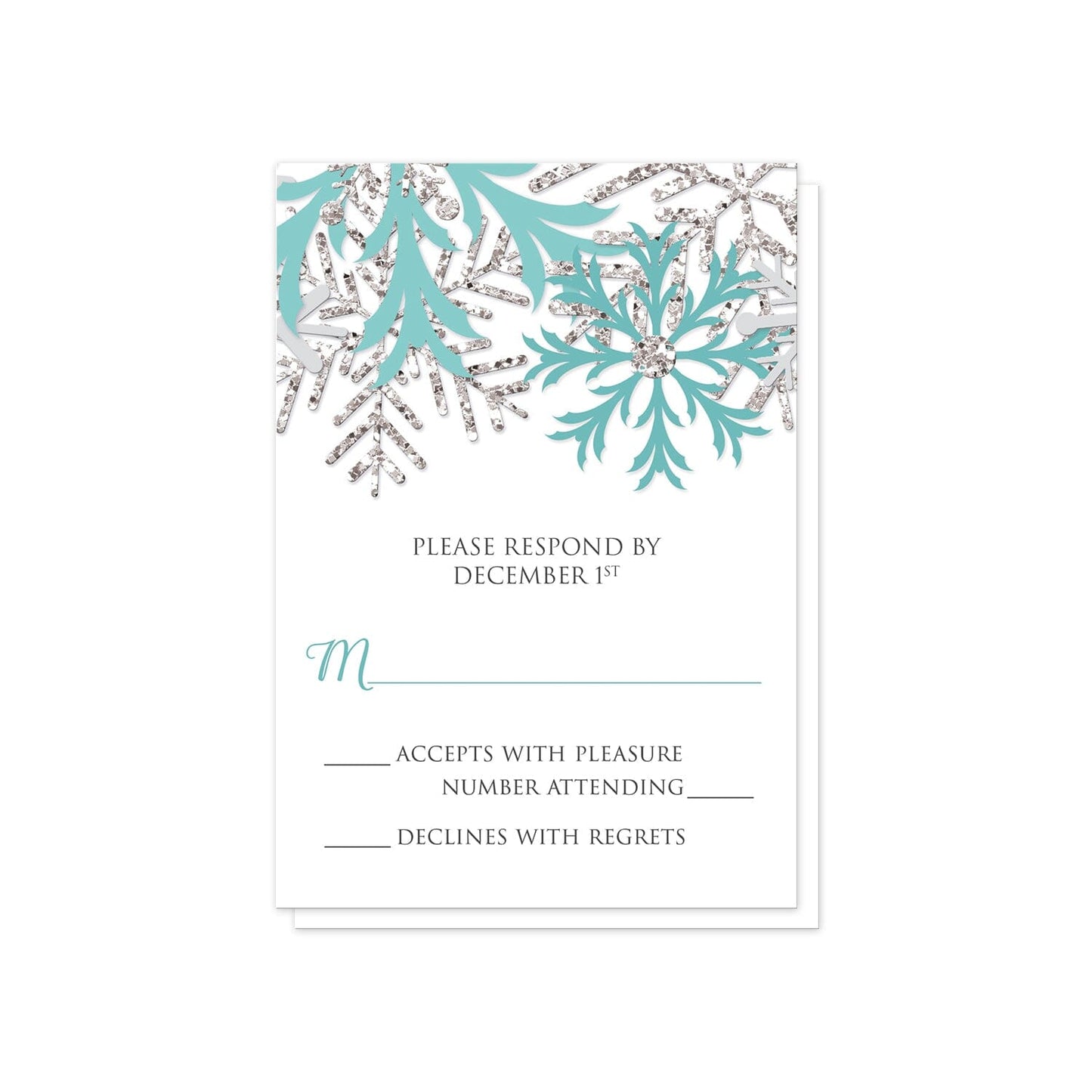 Winter Teal Silver Snowflake RSVP Cards at Artistically Invited.