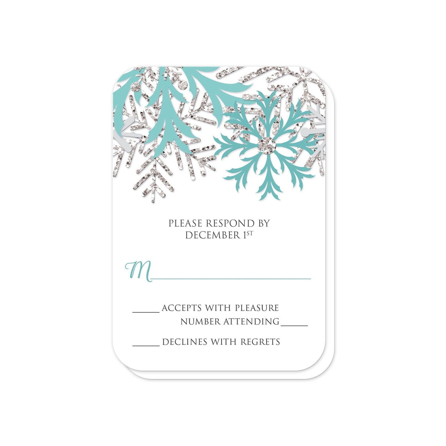 Winter Teal Silver Snowflake RSVP Cards (with rounded corners) at Artistically Invited.