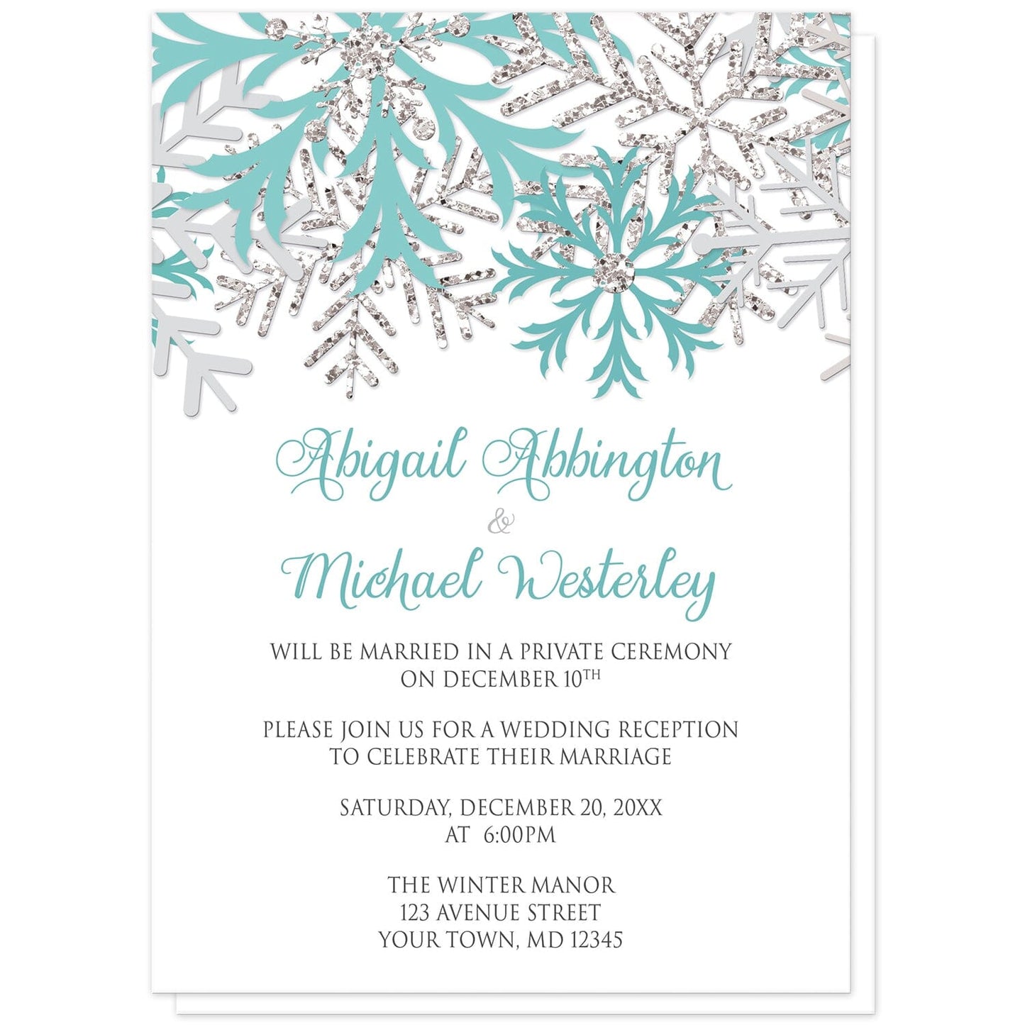 Winter Teal Silver Snowflake Reception Only Invitations at Artistically Invited. Beautiful winter teal silver snowflake reception only invitations designed with teal, light teal, silver-colored glitter-illustrated, and light gray snowflakes along the top over a white background. Your personalized post-wedding reception details are custom printed in teal and gray below the pretty snowflakes.