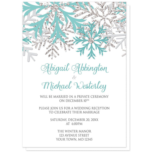 Winter Teal Silver Snowflake Reception Only Invitations at Artistically Invited. Beautiful winter teal silver snowflake reception only invitations designed with teal, light teal, silver-colored glitter-illustrated, and light gray snowflakes along the top over a white background. Your personalized post-wedding reception details are custom printed in teal and gray below the pretty snowflakes.