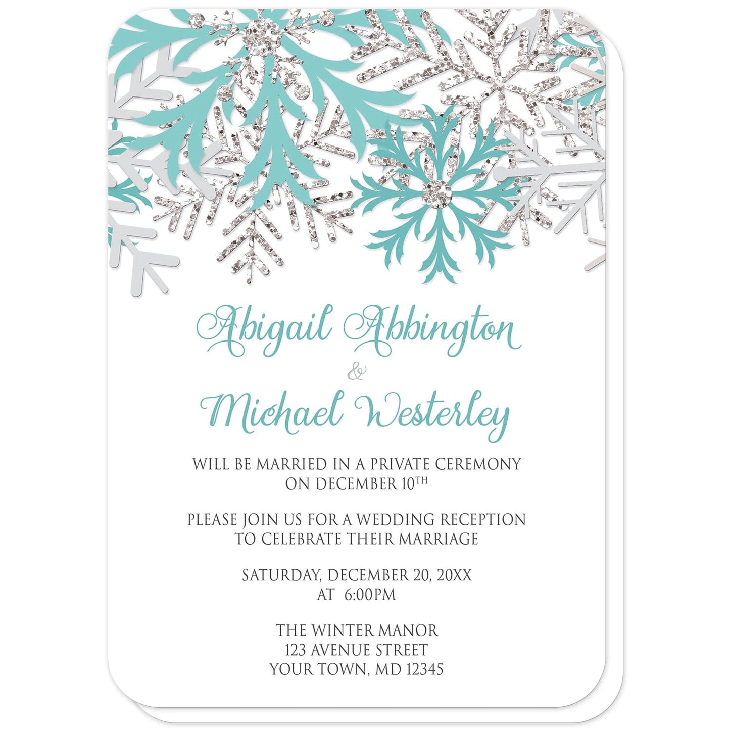 Winter Teal Silver Snowflake Reception Only Invitations (with rounded corners) at Artistically Invited. Beautiful winter teal silver snowflake reception only invitations designed with teal, light teal, silver-colored glitter-illustrated, and light gray snowflakes along the top over a white background. Your personalized post-wedding reception details are custom printed in teal and gray below the pretty snowflakes.
