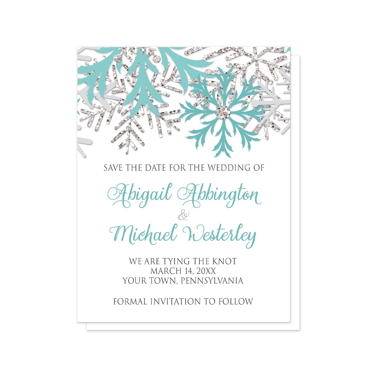 Winter Teal Silver Snowflake Save the Date Cards at Artistically Invited. Beautiful winter teal silver snowflake save the date cards designed with teal, light teal, silver-colored glitter-illustrated, and light gray snowflakes along the top over a white background. Your personalized wedding date details are custom printed in teal and gray below the pretty snowflakes.
